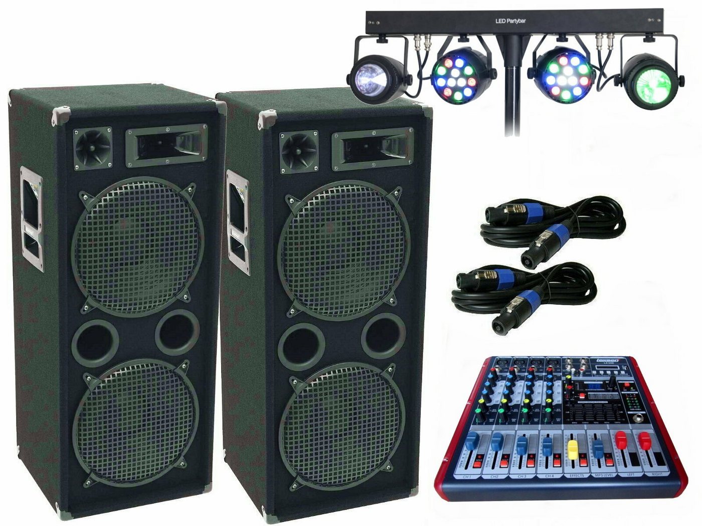 DSX Powermixer Musik Anlage 3 Wege Boxen Stativ Kabel Lichtset 2600 Watt Party-Lautsprecher (1300 W) von DSX
