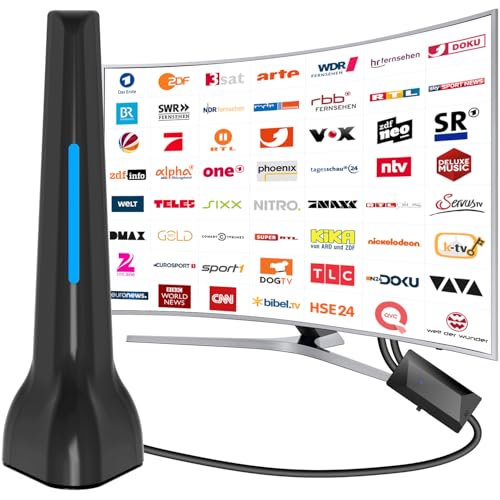 DVB-T/DVB-T2 Antenne mit Verstärker innen，Ermöglicht den Fernempfang digitaler Signale und Wird mit einem 3-Meter-Koaxialkabel geliefert von DTB TECH