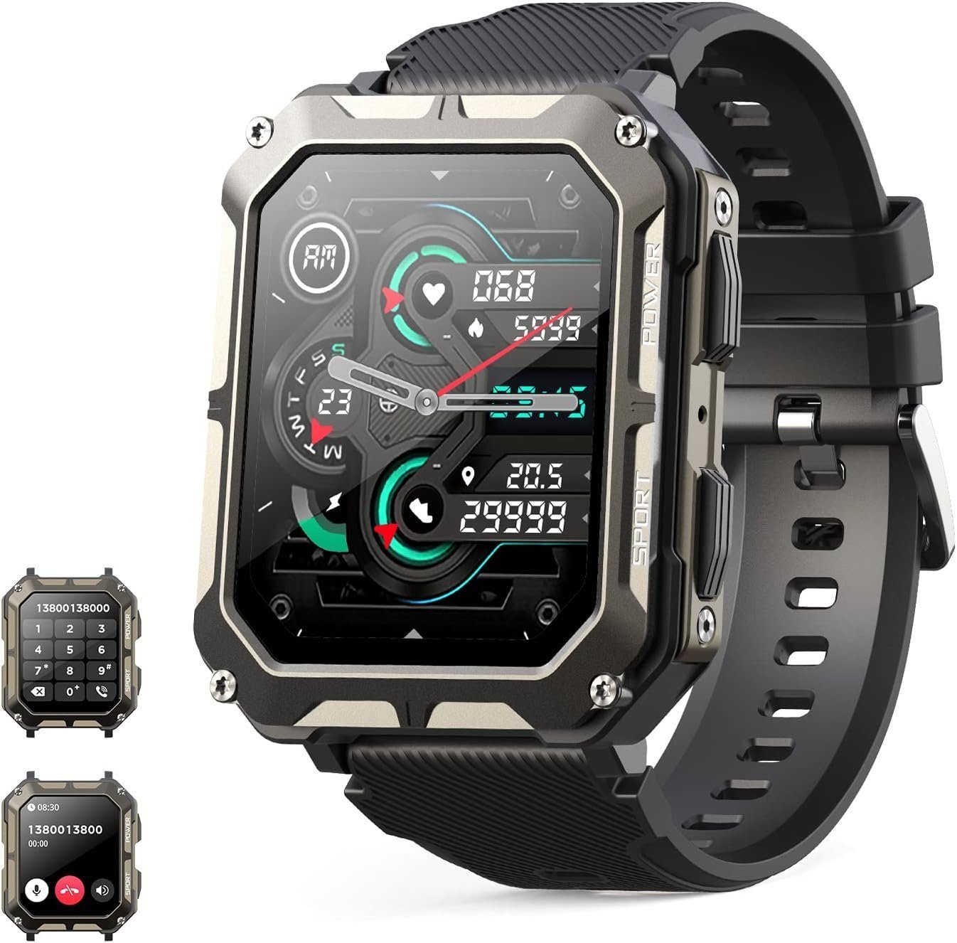 DTC GmbH Robuste Fitness Armbanduhr,Militär mit Telefonfunktion Smartwatch Smartwatch, 1,83 Zoll,IP68 wasserdicht,mit Schlafmonitor/blutdruckmessung von DTC GmbH