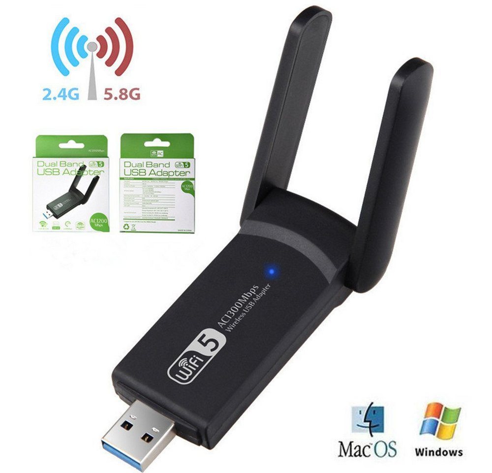 DTC GmbH WLAN-Stick USB WLAN Stick,1300Mbps USB 3.0 WLAN Adapter, 2.4GHz/5.8GHz Dual Band, für PC/Desktop/Laptop von DTC GmbH