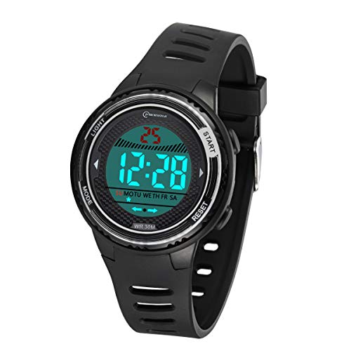 PINGHE Kinder Digitaluhr, Funktionelle wasserdichte Jungenuhr Mädchen mit Zeit, Datum, Woche, Hintergrundbeleuchtung, Warnung, Stoppuhr Digital Uhr für Kinder (Schwarz 8563) von DTKID