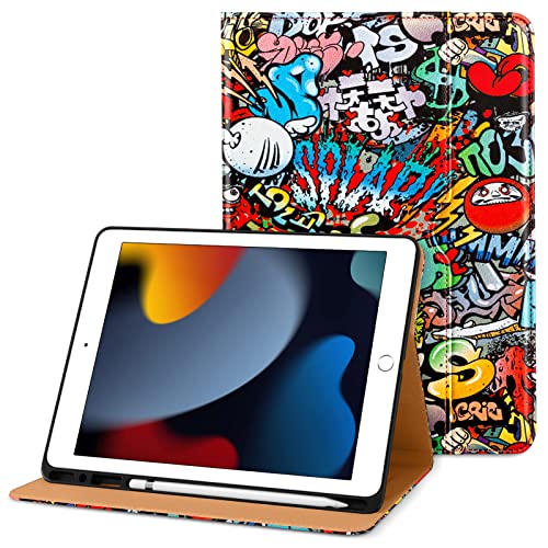 DTTO Schutzh?lle f?r iPad 9. / 8. / 7. Generation, 25,9 cm (10,2 Zoll), 2021/2020/2019, Premium-Leder, Business-Folio-St?nder, mit integriertem Apple-Stifthalter, automatisches Waken/Schlafen, mehrere Betrachtungswinkel, Graffiti von DTTO