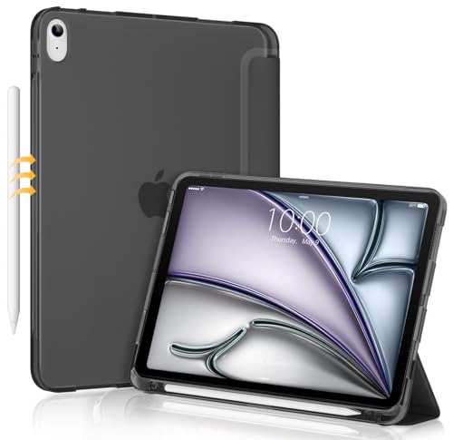DTTO Schutzhülle für iPad Air 4, leicht, dünn, dreifach faltbar, weiches TPU, durchsichtig, mattiert, mit integriertem Apple-Stift-Halter, automatische Sleep/Wake-Funktion, 10,9 Zoll 2020, Schwarz von DTTO