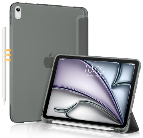 DTTO Schutzhülle für iPad Air 4, leicht, dünn, dreifach faltbar, weiches TPU, durchsichtig, mattiert, mit integriertem Apple-Stift-Halter, automatischer Schlaf-/Wachmodus 10,9 Zoll 2020, dunkelgrau von DTTO
