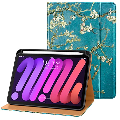 DTTO Schutzhülle für iPad Mini 6. Generation 2021 (8.3 Zoll) 2021, hochwertiges Leder, automatische Wake/Sleep und mehrere Betrachtungswinkel, Blütendesign von DTTO