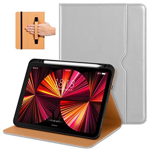 DTTO Schutzhülle für iPad Pro 27.9 cm (11 Zoll), 4., 3., 2., 1. Generation 2022/2021/2020/2018, Premium-PU-Leder, Standfunktion mit Handschlaufe, mehrere Ansicht gles, hellgrau von DTTO