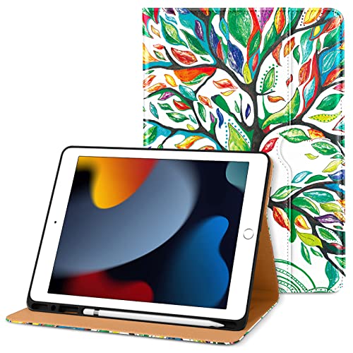 DTTO iPad 9.,8., Premium Leder Business Folio Stand Cover mit integriertem Apple Pencil Halter – Auto Wake/Sleep und mehrere Betrachtungswinkel, Liebesbaum von DTTO