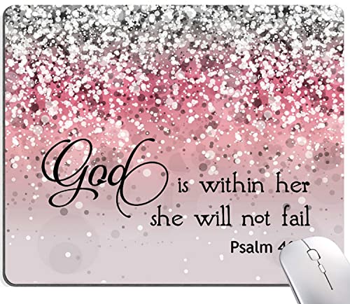 Mauspad, Bibelvers, pink, glitzernd, glitzernd, quadratisch, wasserdicht, rutschfeste Gummiunterseite, Mauspads für Büro-Laptop, (Psalm 46:5 Gott ist innerhalb ihr, sie wird nicht fallen) von DUADELI