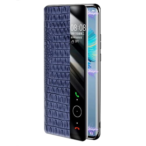 DUANCL Rindsleder-Schutzhülle für Huawei Pura 70 Ultra/70 Pro +/70 Pro/70, Magnetverschluss, intelligentes Sichtfenster, Echtleder, Rundumschutz, Blau, 70 von DUANCL