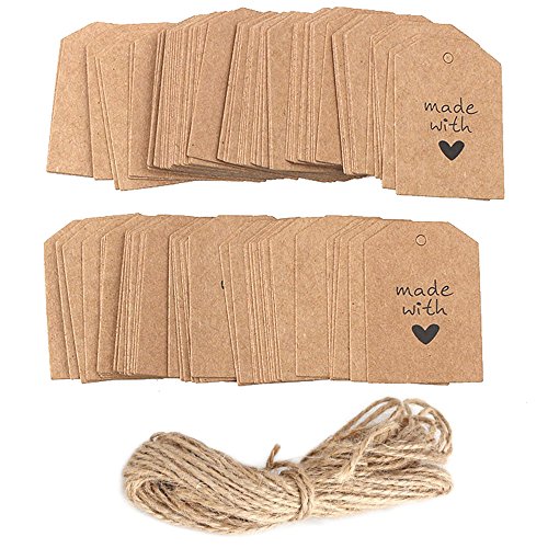 DUBENS 100 Stück Geschenk Anhänger, 5,5 x 4 CM kraftpapier Papieranhänger Hängeetiketten Anhängeetiketten Tags Geschenkanhänger Etiketten mit Jute-Schnur 10 Meter (made with love) von DUBENS