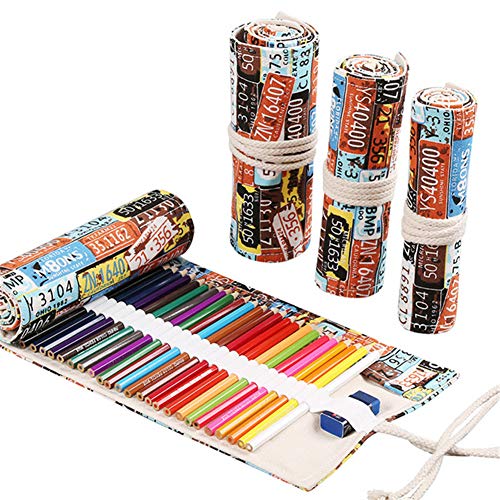 DUBENS Farbige Bleistift Halter Fall, Slots Leinwand Wrap Pouch Federmäppchen Set für Kinder und Erwachsene, Reise Zeichnung Färbung Rolle Organizer (Nummernschild, 72 Holes) von DUBENS