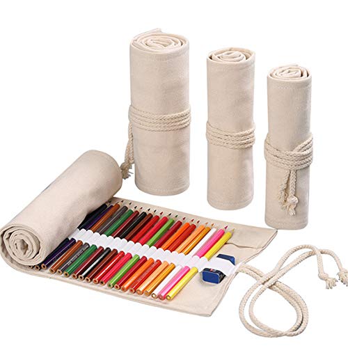 DUBENS Farbige Bleistift Halter Fall, Slots Leinwand Wrap Pouch Federmäppchen Set für Kinder und Erwachsene, Reise Zeichnung Färbung Rolle Organizer (Weiß, 24 Holes) von DUBENS