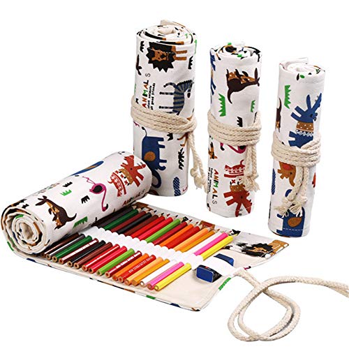 DUBENS Farbige Bleistift Halter Fall, Slots Leinwand Wrap Pouch Federmäppchen Set für Kinder und Erwachsene, Reise Zeichnung Färbung Rolle Organizer (Zoo, 72 Holes) von DUBENS