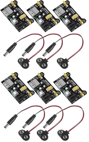 DUBEUYEW 3.3V 5V MB102 Lötfreies Breadboard-Stromversorgungsmodul mit 9V-Batterie-Clip-Stromkabel 2.1x 5.5mm männlicher DC-Klinkenstecker für Arduino(6 Stück) von DUBEUYEW