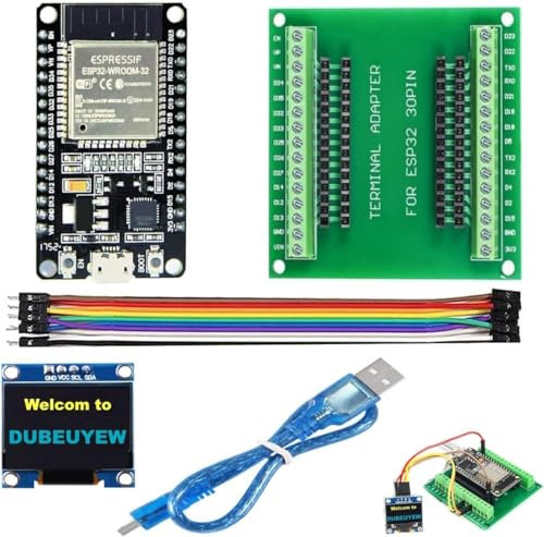 DUBEUYEW ESP32-DevKitC- V1 ESP32-Entwicklungsboard, 2,4 GHz Dual-Mode-WiFi+ Bluetooth-Dual-Core-Mikrocontroller-Prozessor, mit einem Breakout-Board + einem Micro-USB-Kabel + oen 128 x 64 LED-Anzeige von DUBEUYEW