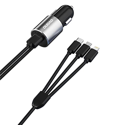 DUDAO 3in1 USB AutoladegerätKfz Ladegerät Autoladegerät Zigarettenanzünder Ladegerät für Auto 3,4 A eingebautes Kabel Lightning/USB Typ C/Micro USB von DUDAO