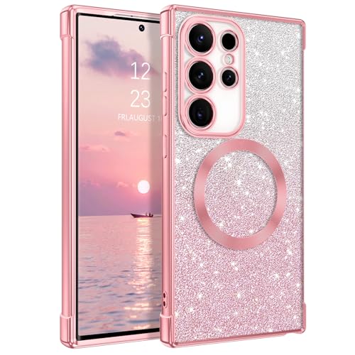 DUEDUE Samsung S24 Ultra Hülle Glitzer 6.8'', Hülle Samsung S24 Ultra Handyhülle Glitzer mit Mag-Safe Magnetische Stoßfeste Schutzhülle Soft TPU für Samsung Galaxy S24 Ultra Hülle Mag-Safe 6.8" Rosa von DUEDUE