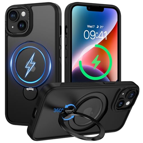 DUEDUE Schutzhülle für iPhone 14, iPhone 13, magnetisch, mit 360° drehbarem Ringständer [kompatibel mit MagSafe], matte durchscheinende Abdeckung, Fallschutzhüllen für iPhone 14/13, 15,5 cm (6,1 Zoll von DUEDUE
