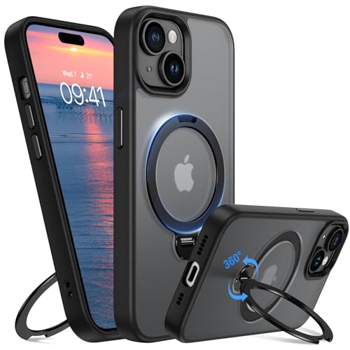 DUEDUE Schutzhülle für iPhone 15, mit 360° drehbarem Magnetständer, kompatibel mit Magsafe, 4,8 m Militärschutz, durchscheinend, matt, dünn, für iPhone 15, Ringständer, 15,4 cm, Schwarz DUEDUE Schutzhülle für iPhone 15, mit 360° drehbarem Magnetständer, kompatibel mit Magsafe, 4,8 m Militärschutz, durchscheinend, matt, dünn, für iPhone 15, Ringständer, 15,4 cm, Schwarz von DUEDUE