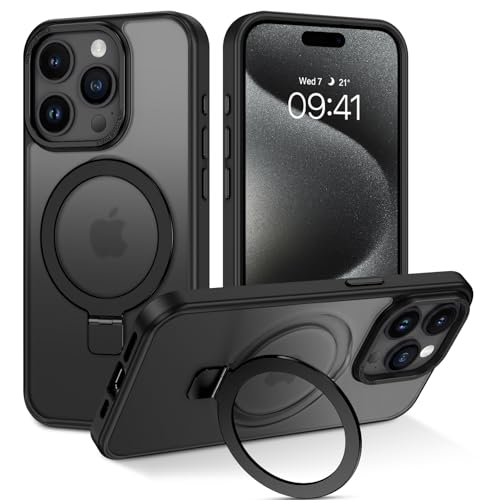 DUEDUE Schutzhülle für iPhone 15 Pro Max, magnetisch, mit Ringständer [kompatibel mit Magsafe], Ganzkörper-Schutzhülle, schlank, stoßfest, Ständer, Handyhülle für iPhone 15 Pro Max 6,7 Zoll, Schwarz von DUEDUE