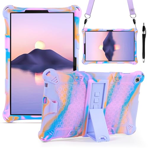 DUEDUE Kinder Silikon Hülle für Lenovo Tab M10 10,1" (3rd Gen) 2022, Silikon Tablet Schutzhülle mit Ständer Schultergurt und Stylus Pen für Lenovo Tab M10 3. Generation 10,1" TB-328FU/328XU, Lila von DUEDUE