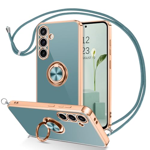 DUEDUE für Samsung S24 FE Hülle mit Band 5G, Handykette Samsung S24 FE Handyhülle mit Band 360 Grad Ring Stoßfeste Schutzhülle Soft Silikon TPU für Samsung Galaxy S24 FE Hülle Mit Ring 5G 6.7" Grau von DUEDUE