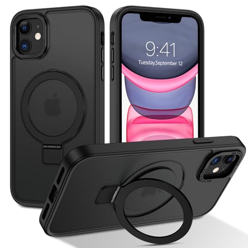 DUEDUE für iPhone 11 Hülle Mag-Safe, iPhone 11 Handyhülle mit Unsichtbarem Ständer [Kompatibel mit Magsafe] Schützende, Stoßfeste, Matte Ring Mann und Frau Handyhülle für iPhone 11 6,1" Schwarz von DUEDUE