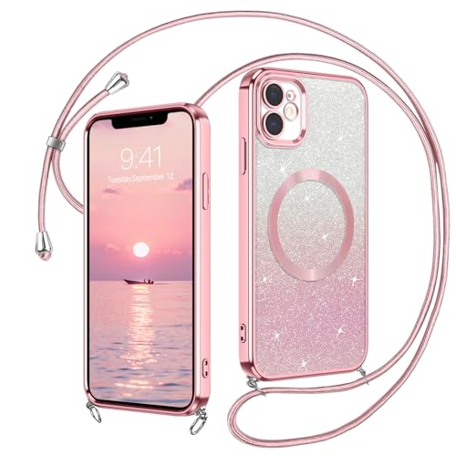 DUEDUE iPhone 11 Hülle Glitzer 6.1'', Hülle iPhone 11 Handyhülle Glitzer mit Mag-Safe mit Band Magnetische Stoßfeste Schutzhülle Soft TPU für Handykette iPhone 11 Hülle Mag-Safe 6.1" Rosa von DUEDUE