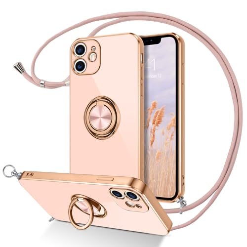 DUEDUE iPhone 11 Hülle mit Band, Handykette iPhone 11 Handyhülle mit Band 360 Grad Ring Stoßfeste Schutzhülle Soft Silikon TPU für iPhone 11 Hülle Mit Ring 6.1''Rosa von DUEDUE