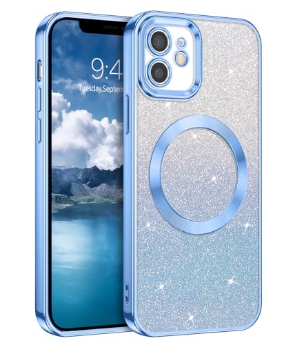 DUEDUE iPhone 12 Hülle Glitzer 6.1'', Hülle iPhone 12 Handyhülle Glitzer mit Magnetische Stoßfeste Schutzhülle Soft TPU für iPhone 12 Hülle Mag-Safe Magnetische 6.1" Blau von DUEDUE