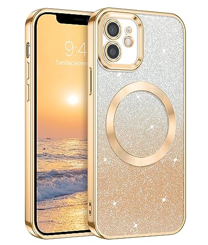 DUEDUE iPhone 12 Hülle Glitzer 6.1'', Hülle iPhone 12 Handyhülle Glitzer mit Magnetische Stoßfeste Schutzhülle Soft TPU für iPhone 12 Hülle Mag-Safe Magnetische 6.1" Gold von DUEDUE