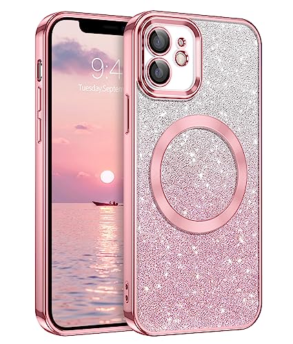 DUEDUE iPhone 12 Hülle Glitzer 6.1'', Hülle iPhone 12 Handyhülle Glitzer mit Magnetische Stoßfeste Schutzhülle Soft TPU für iPhone 12 Hülle Mag-Safe Magnetische 6.1" Rosa von DUEDUE