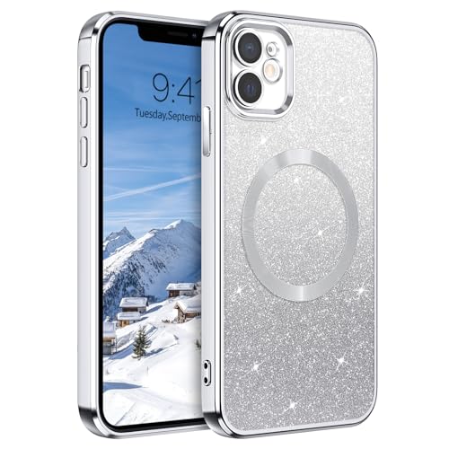 DUEDUE iPhone 12 Hülle Glitzer 6.1'', Hülle iPhone 12 Handyhülle Glitzer mit Magnetische Stoßfeste Schutzhülle Soft TPU für iPhone 12 Hülle Mag-Safe Magnetische 6.1" Silber von DUEDUE