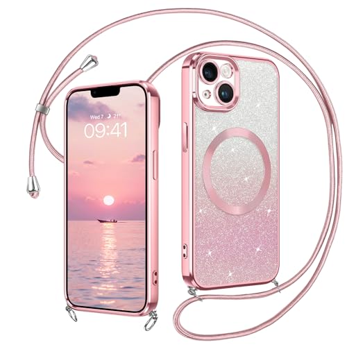 DUEDUE iPhone 13 Hülle Glitzer 6.1'', Hülle iPhone 13 Handyhülle Glitzer mit Mag-Safe mit Band Magnetische Stoßfeste Schutzhülle Soft TPU für Handykette iPhone 13 Hülle Mag-Safe 6.1" Rosa von DUEDUE