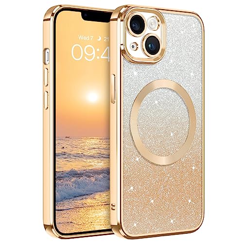 DUEDUE iPhone 14 Hülle Glitzer 6.1'', Hülle iPhone 14 Handyhülle Glitzer mit Mag-Safe Magnetische Stoßfeste Schutzhülle Soft TPU für iPhone 14 Hülle Mag-Safe Magnetische 6.1" Gold von DUEDUE