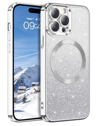 DUEDUE iPhone 14 Pro Max Hülle Glitzer 6.7'', Hülle iPhone 14 Pro Max Handyhülle Glitzer mit Magnetische Stoßfeste Schutzhülle Soft TPU für iPhone 14 Pro Max Hülle Mag-Safe 6.7" Silber von DUEDUE