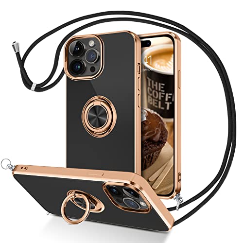 DUEDUE für iPhone 14 Pro Max Hülle mit Band, Handykette iPhone 14 Pro Max Handyhülle mit Band 360 Grad Ring Stoßfeste Schutzhülle Soft Silikon TPU für iPhone 14 Pro Max Hülle Mit Ring 6.7" Schwarz von DUEDUE