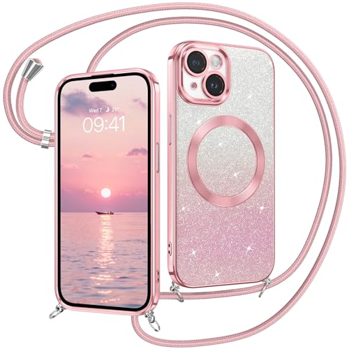 DUEDUE iPhone 15 Hülle Glitzer 6.1'', Hülle iPhone 15 Handyhülle Glitzer mit Mag-Safe mit Band Magnetische Stoßfeste Schutzhülle Soft TPU für Handykette iPhone 15 Hülle Mag-Safe 6.1" Rosa von DUEDUE