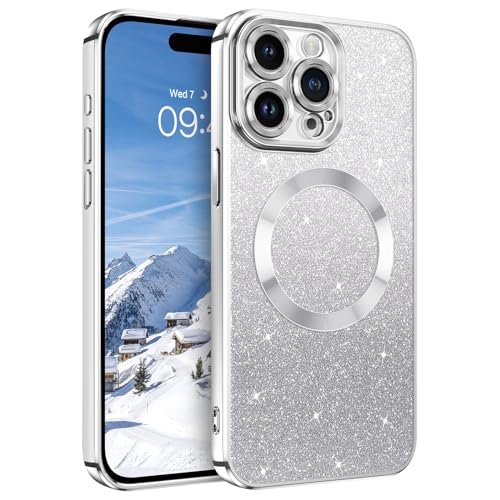 DUEDUE iPhone 15 Pro Max Hülle Glitzer Mag-Safe 6.7", Hülle iPhone 15 Pro Max Handyhülle Glitzer mit Mag-Safe Magnetische Stoßfeste Schutzhülle Soft TPU für iPhone 15 Pro Max Hülle Mag-Safe Silber von DUEDUE