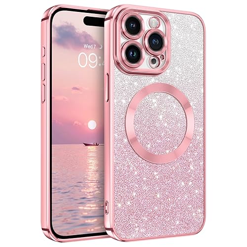 DUEDUE für iPhone 15 Pro Max Hülle Glitzer Mag-Safe 6.7'', iPhone 15 Pro Max Handyhülle Glitzer mit Mag-Safe Magnetische Stoßfeste Schutzhülle Soft TPU für iPhone 15 Pro Max Hülle Mag-Safe 6.7" Rosa von DUEDUE