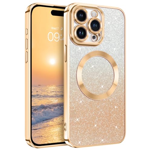 DUEDUE iPhone 15 Pro Max Hülle Glitzer Mag-Safe 6.7'', Hülle iPhone 15 Pro Max Handyhülle Glitzer mit Mag-Safe Magnetische Stoßfeste Schutzhülle Soft TPU für iPhone 15 Pro Max Hülle Mag-Safe 6.7" Gold von DUEDUE