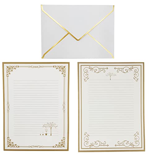 DUGYIRS 30 Stück Umschläge mit Goldrand,Selbstklebende Umschläge mit V-Klappe und 32 Stück Briefpapier für Hochzeit,Einladungen, Grußkarten, Postkarten,Party(Weiß) von DUGYIRS