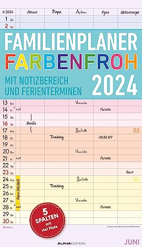 Familienplaner Farbenfroh - Kalender 2024 - Alpha-Edition-Verlag - bunter Familienkalender mit 5 Spalten zum Eintragen - 26 cm x 45 cm - Spiralbindung von DUMONT