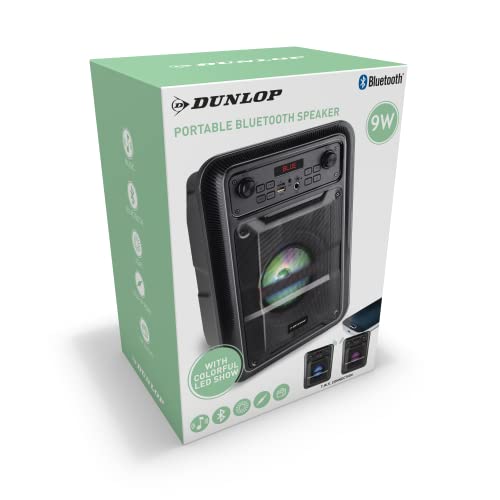 Dunlop Bluetooth Lautsprecher - 9W - mit FM Radio und AUX/MIC Eingang - Eingang für TF Karte und USB - TWS Funktion - LED Beleuchtung - Schwarz von DUNLOP