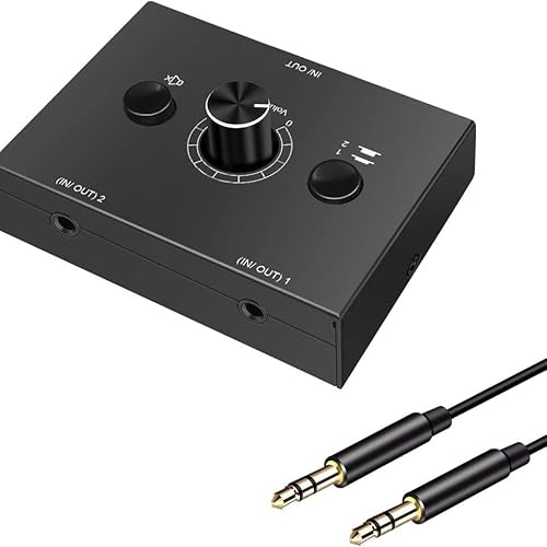 DUOBAGMA 3,5mm Audio Switch 2(1)-In-1(2)-Out, Analog Stereo Sound Umschalter mit Volume Knopf Mute Button, ab Aux Selector Schalter Umschaltung für Radio Phone Lautsprecher Kopfhörer PC von DUOBAGMA