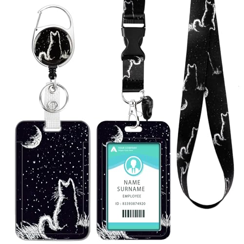 DUOUPA Ausweishülle mit Band, Ausziehbarer Schlüsselband Badge Holder, Kartenhülle Schlüsselanhänger mit Karabiner, Lanyard für Frauen, Lehrer, Krankenschwester, Doktor, Student(Moon katze) von DUOUPA