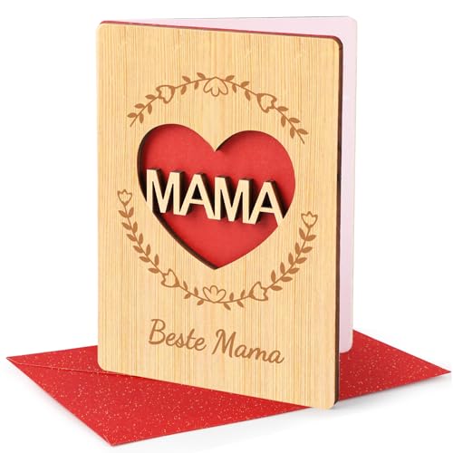 DUOUPA Grußkarten für Mama, Muttertagskarte mit Umschlag, Beste Mama Geschenkkarte, Holz Karte für Muttertag, Geburtstags, Jubiläum, Weihnachten von DUOUPA