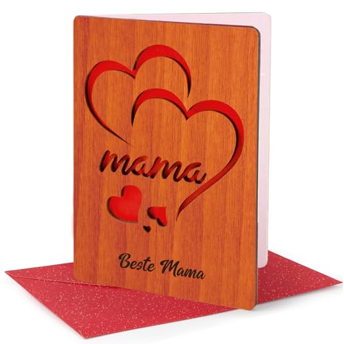 DUOUPA Grußkarten für Mama, Muttertagskarte mit Umschlag, Beste Mama Geschenkkarte, Holz Karte für Muttertag, Geburtstags, Jubiläum, Weihnachten von DUOUPA