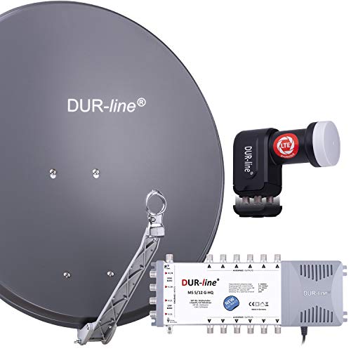 DUR-line 12 Teilnehmer Set - Qualitäts-Alu-Satelliten-Komplettanlage - Select 75cm/80cm Spiegel/Schüssel Anthrazit + Multischalter + LNB - für 12 Receiver/TV [Neuste Technik, DVB-S2, 4K, 3D] von DUR-line