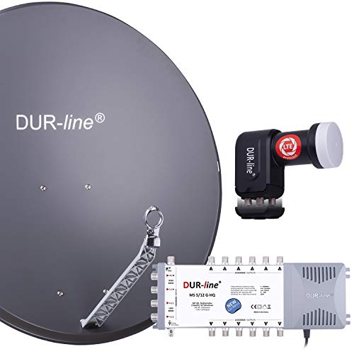 DUR-line 12 Teilnehmer Set - Qualitäts-Alu-Satelliten-Komplettanlage - Select 85cm/90cm Spiegel/Schüssel Anthrazit + Multischalter + LNB - für 12 Receiver/TV [Neuste Technik, DVB-S2, 4K, 3D] von DUR-line